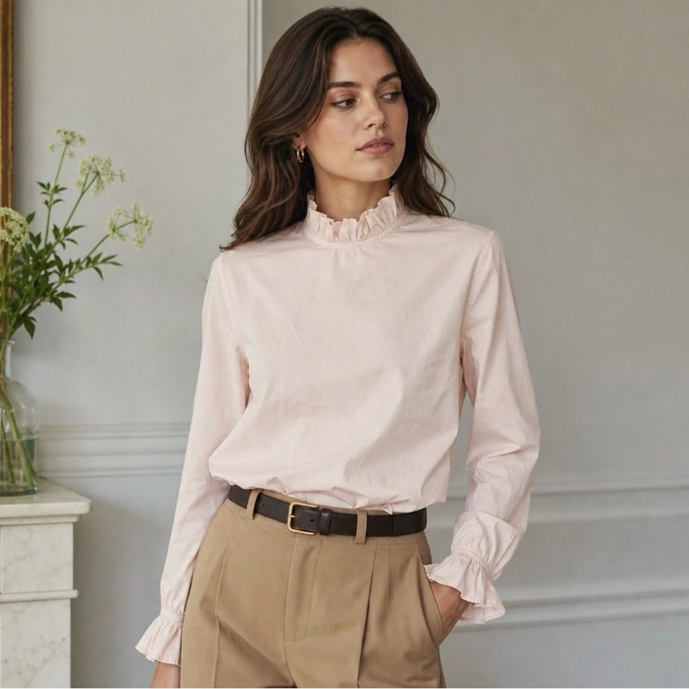 Women’s Sandro Ruffle Neck Pin Stripe Long Sleeve Blouse Top Size Medium - Picture 1 of 13